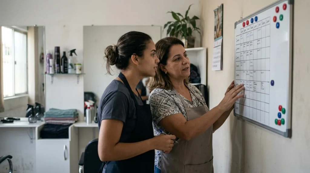 Dono de pequeno negócio conversando com sua única funcionária sobre a nova escala de trabalho