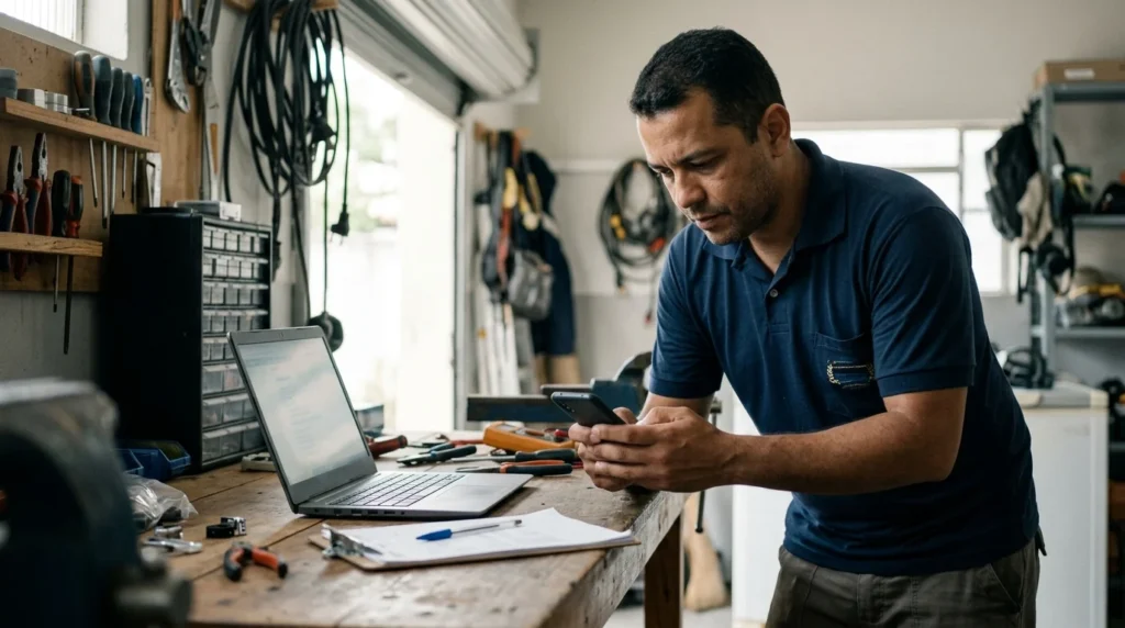 Prestador de serviços brasileiro emitindo nota fiscal de serviço pelo celular no local de trabalho