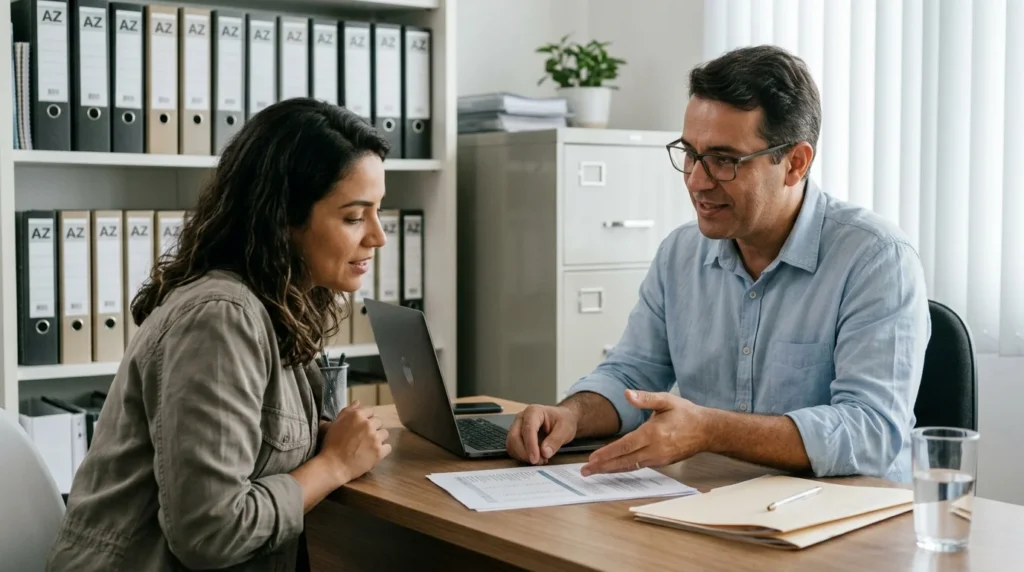 Contador apresentando relatório sobre as novas regras do MEI para um empresário cliente