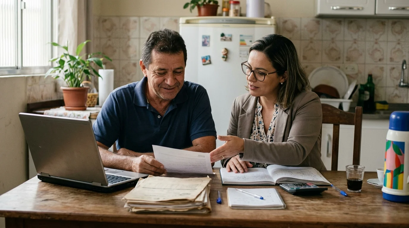 Microempreendedor brasileiro conferindo guias de impostos com o apoio de uma contadora